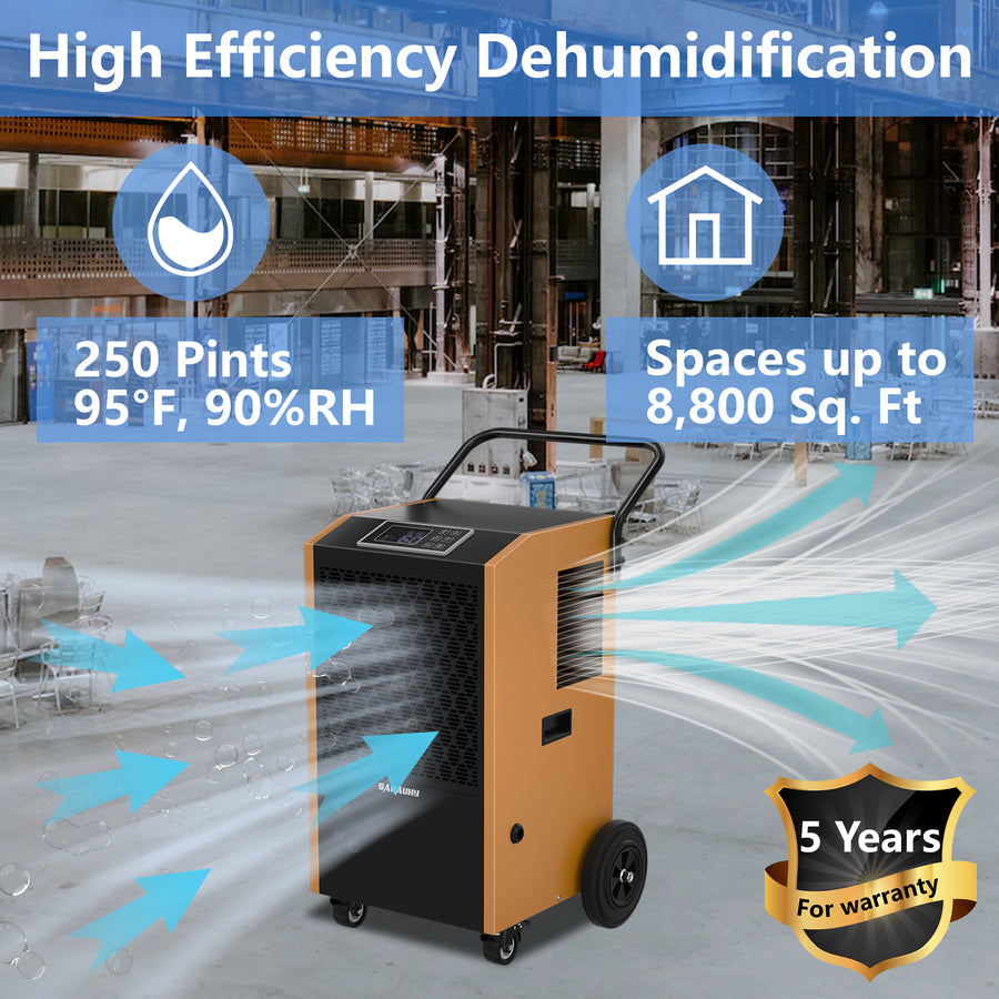 SAHAUHY 250 Pints Commercial Dehumidifier with Pump and Drain Hose for Basements Home and Large Spaces up to 8,800 Sq Ft,5 Years Warranty