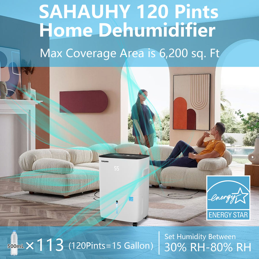SAHAUHY 120 Pints Dehumidifier for Home Bedroom Garage Basement Stockroom and Large Room Spaces up to 6,200 Sq. Ft with Drain Hose and Water Tank