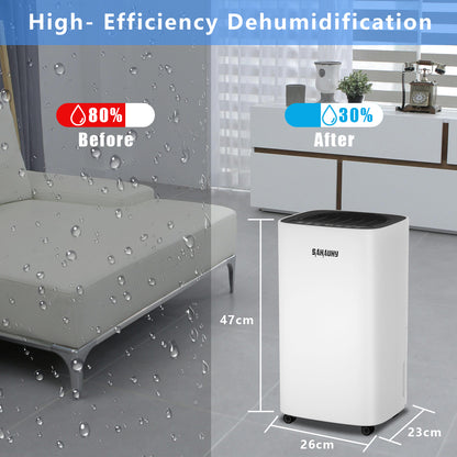 SAHAUHY 2000 square foot basement dehumidifier, portable dehumidifier suitable for home garage bedrooms with drainage hose, 0.52 gallon water tank and wheels