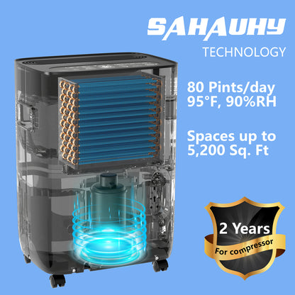 SAHAUHY 80 Pints Dehumidifier for Home Bedroom Garage Basement Stockroom and Large Room Spaces up to 5,200 Sq. Ft with Drain Hose and Water Tank