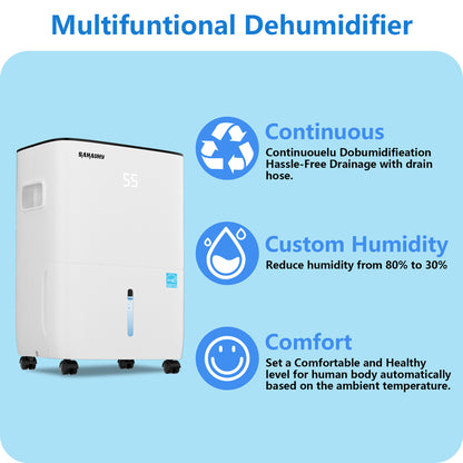 SAHAUHY 80 Pints Dehumidifier for Home Bedroom Garage Basement Stockroom and Large Room Spaces up to 5,200 Sq. Ft with Drain Hose and Water Tank